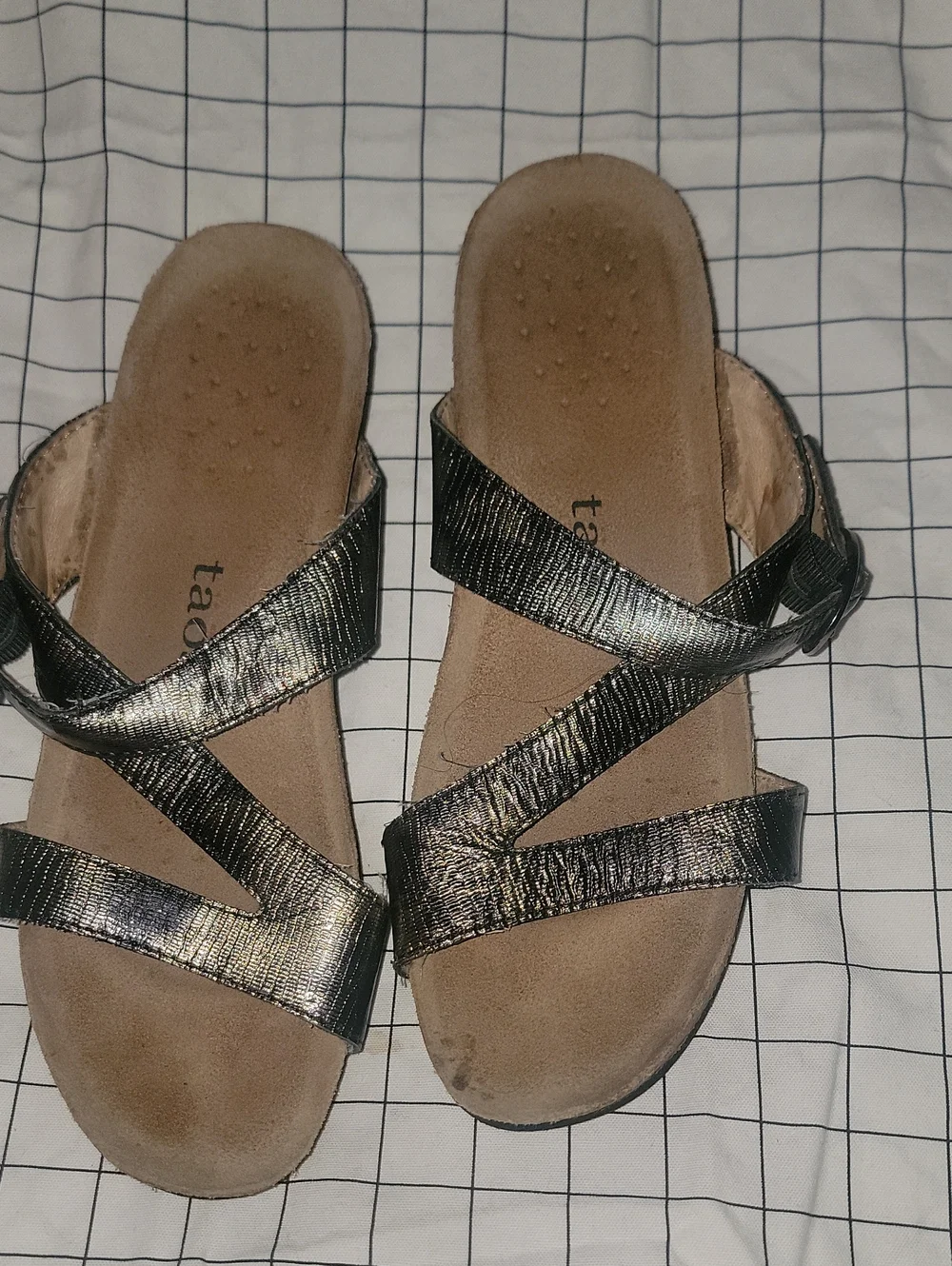 Taos Footwear Metallic Black Strappy Slide Sandals